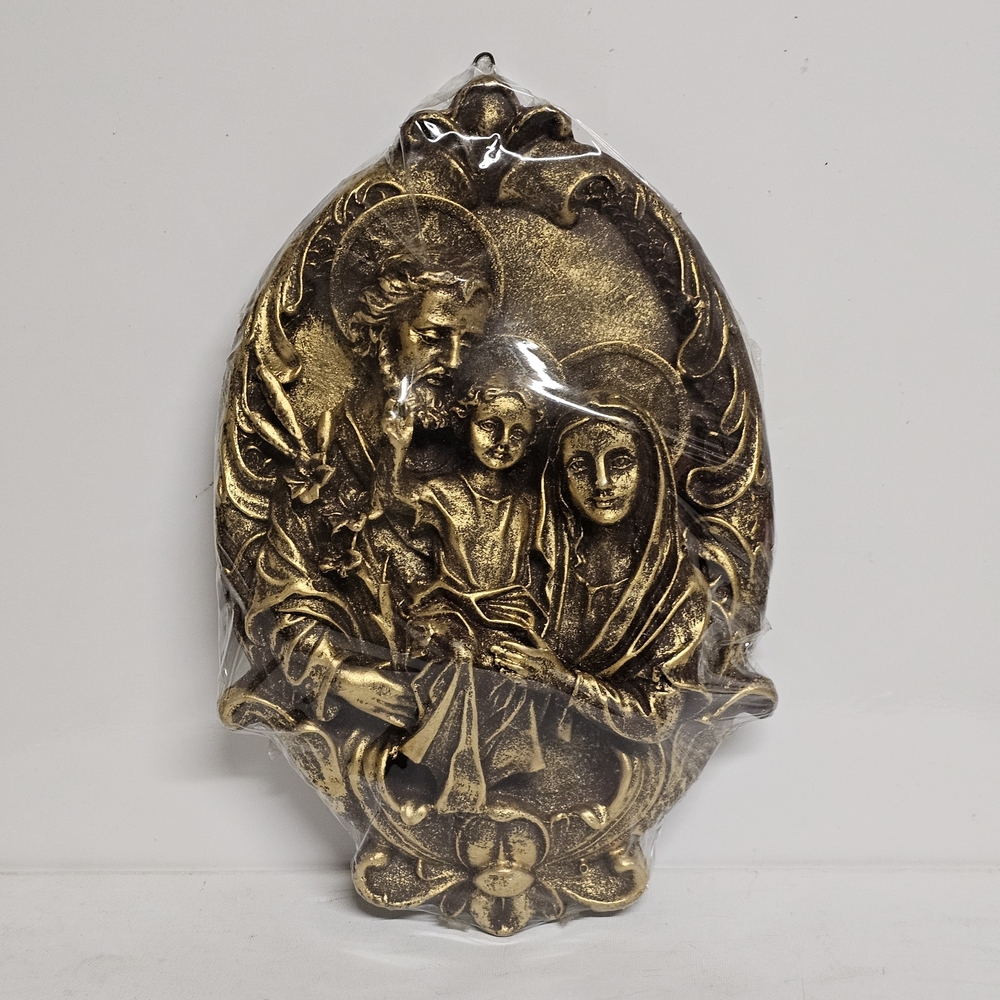 Holy Family Wall Plaque – Carved Wood Look, Gold Finish